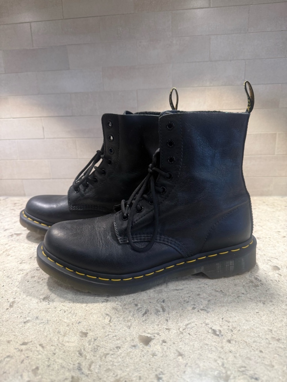 Dr. Martens Black Leather Lace-Up Boots with Yellow Stitching size 10
